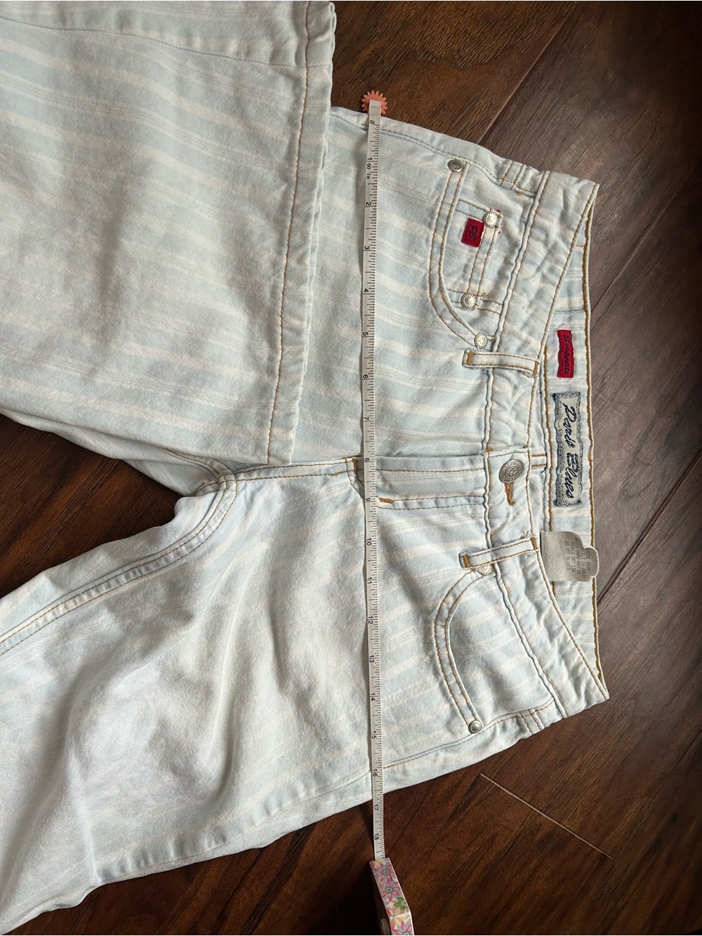 Paris Blues Light Blue Striped Denim Low Rise Flare Jeans • Size 1 • Vintage - Picture 10 of 12